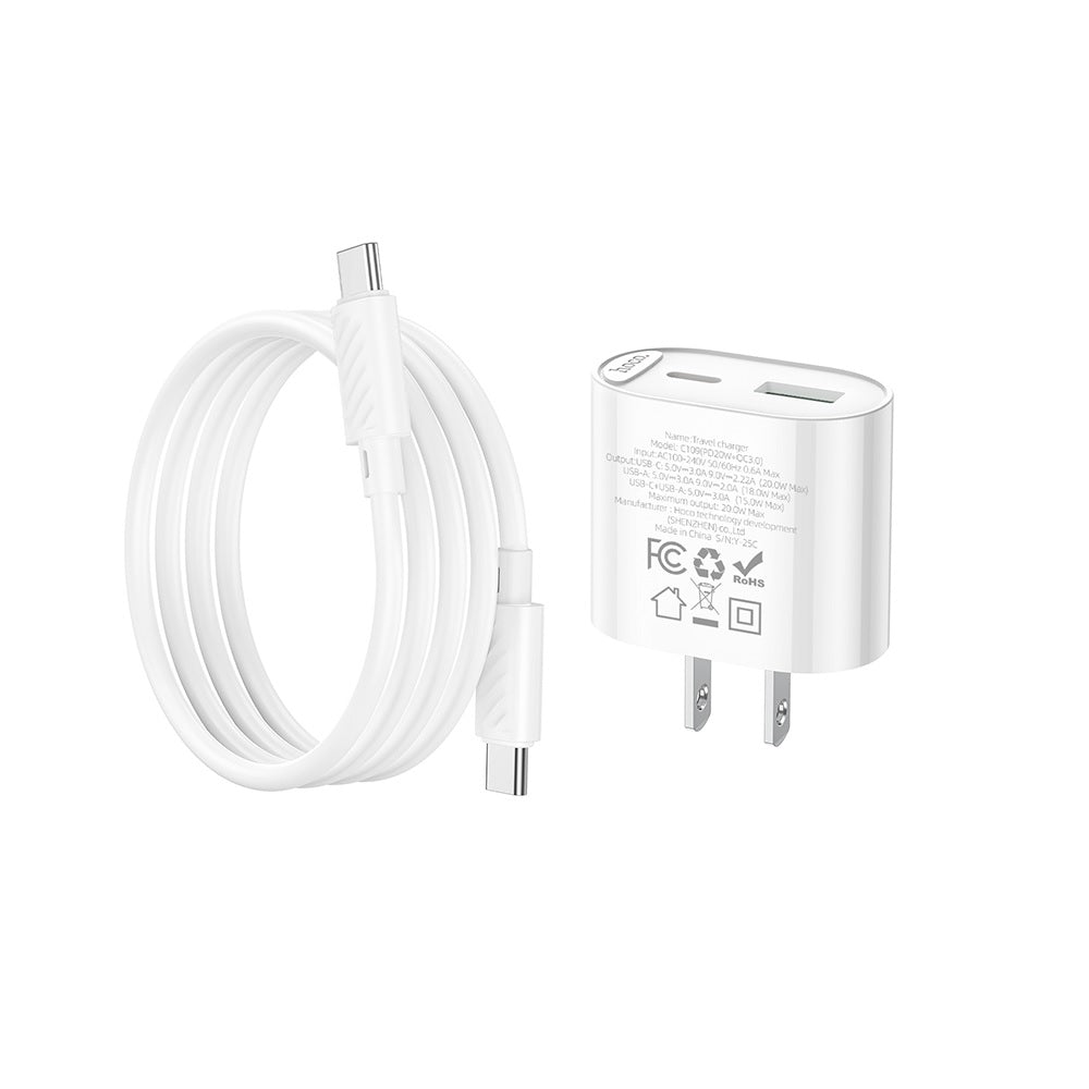 Cargador Hoco C109 PD20W QC3.0 Cable Tipo C a Tipo C Blanco