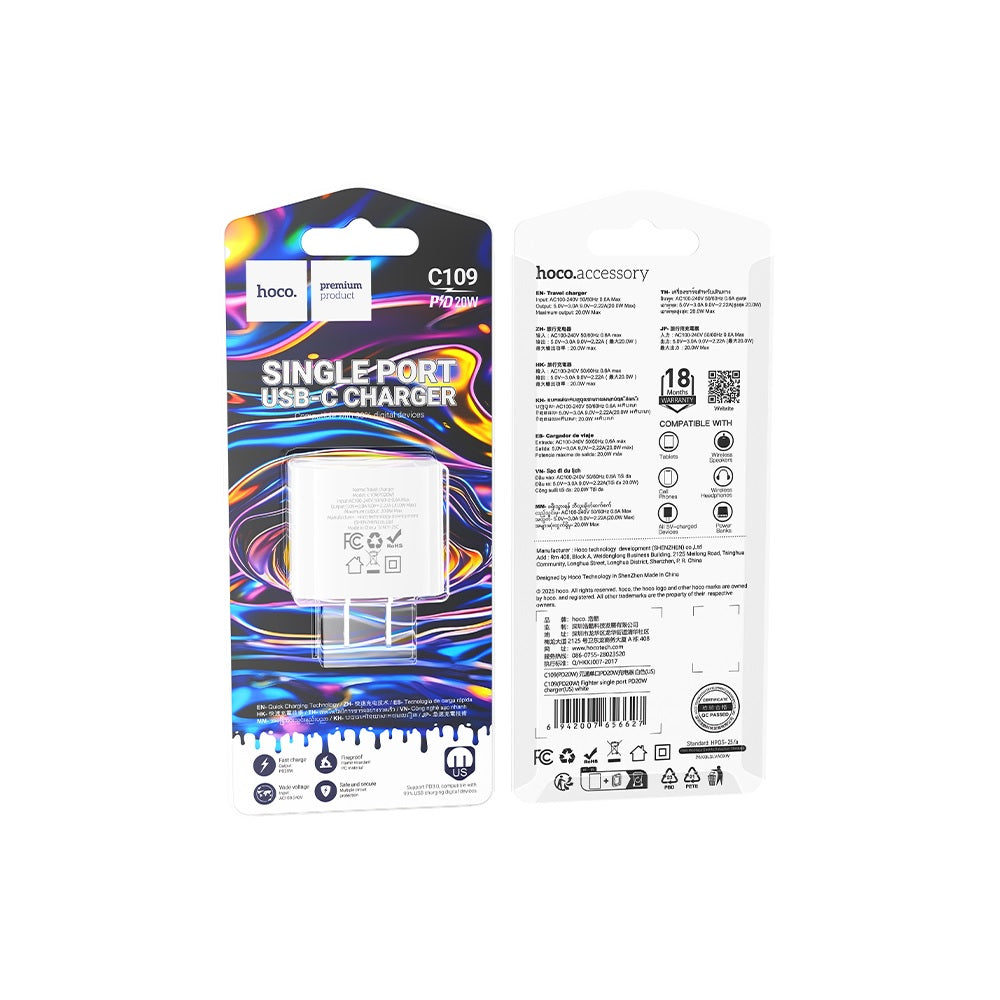 Cargador Hoco C109 Fighter Tipo C Carga Rapida PD20W Blanco