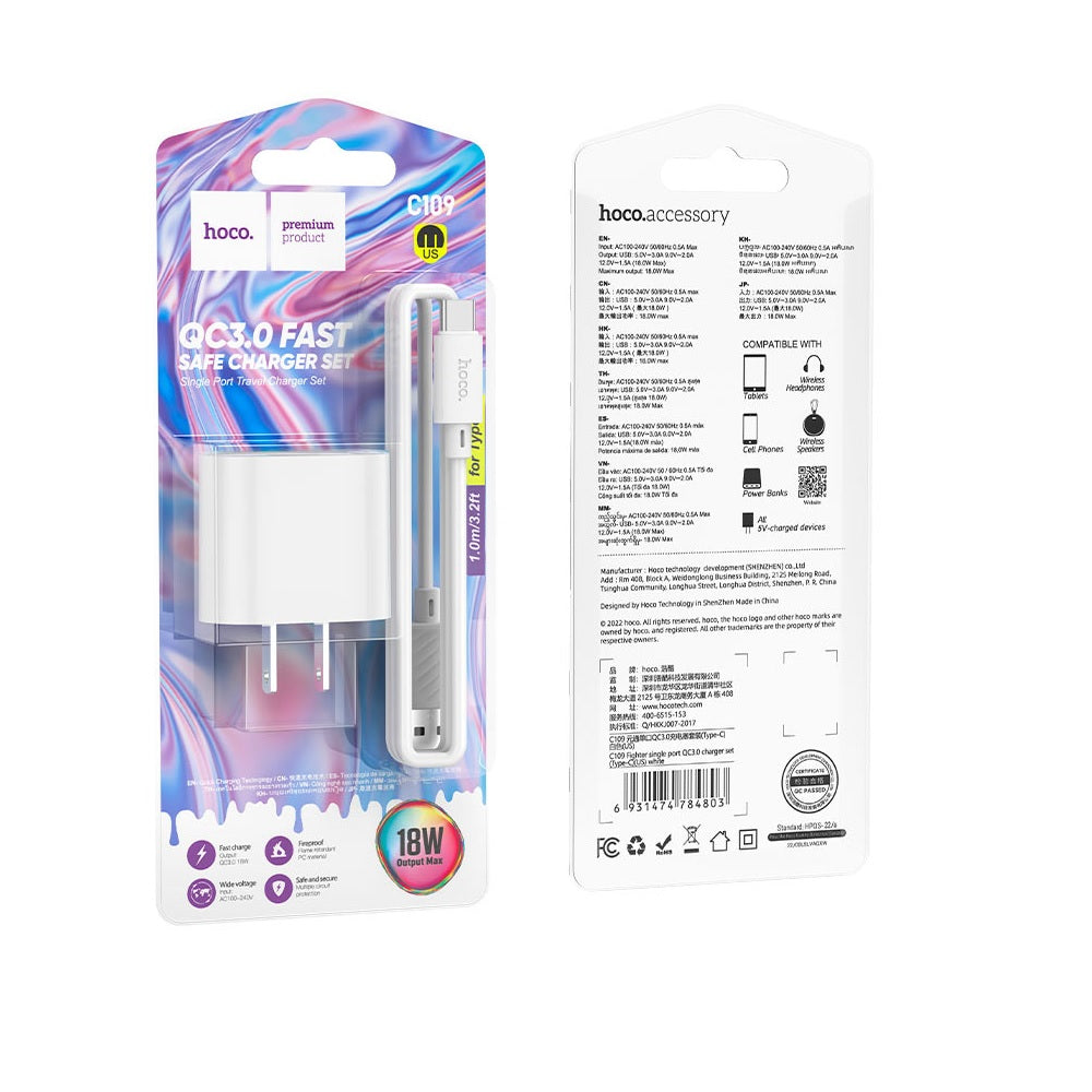 Cargador Hoco C109 Tipo C Quick Charge 18W Blanco