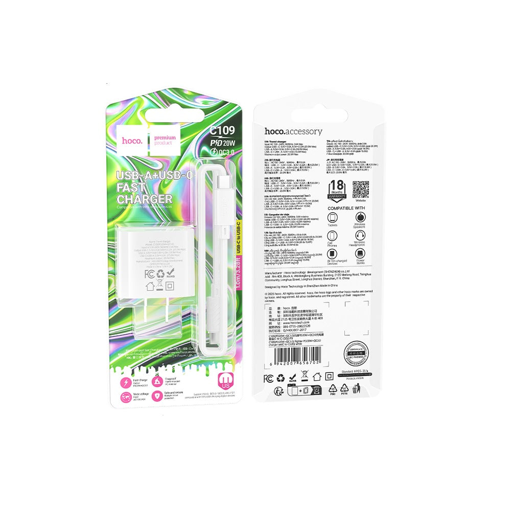 Cargador Hoco C109 PD20W QC3.0 Cable Tipo C a Tipo C Blanco