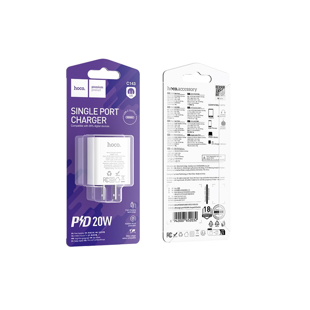 Cargador Hoco C143 Benefit Tipo C Carga Rapida PD20W Blanco