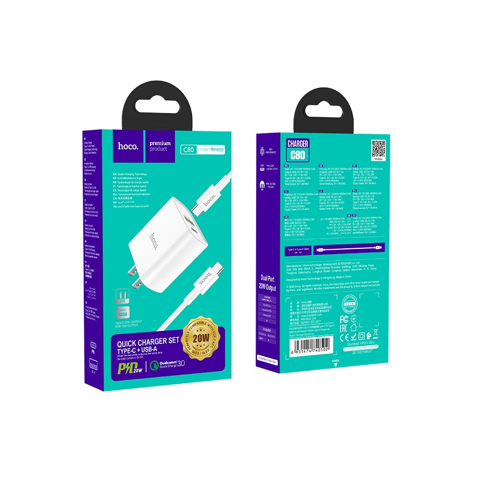 Cargador Cable Hoco C80 Tipo C a C PD20W QC3.0 Blanco