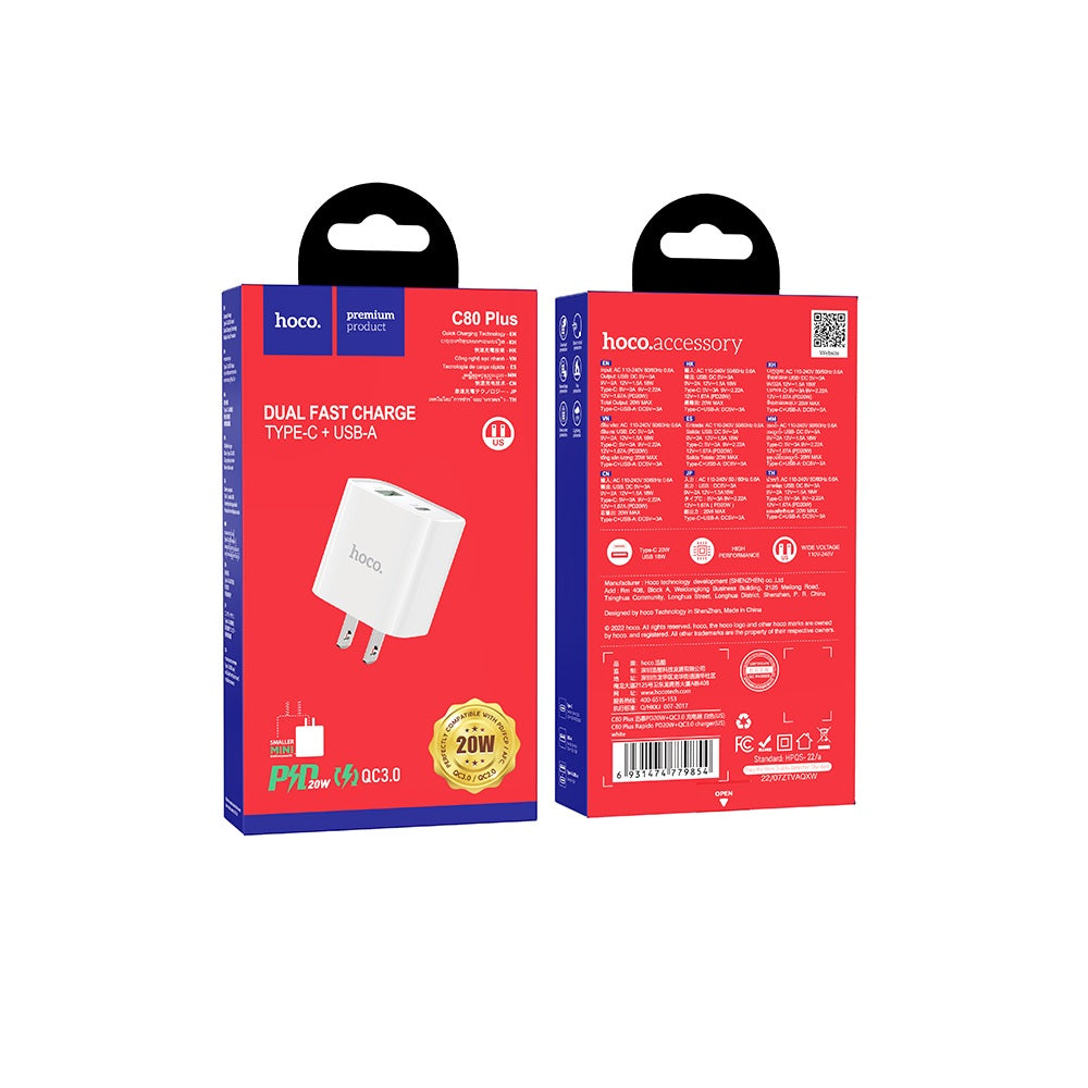 Cargador Hoco C80 Plus Carga Rapida PD20W QC3.0 Blanco