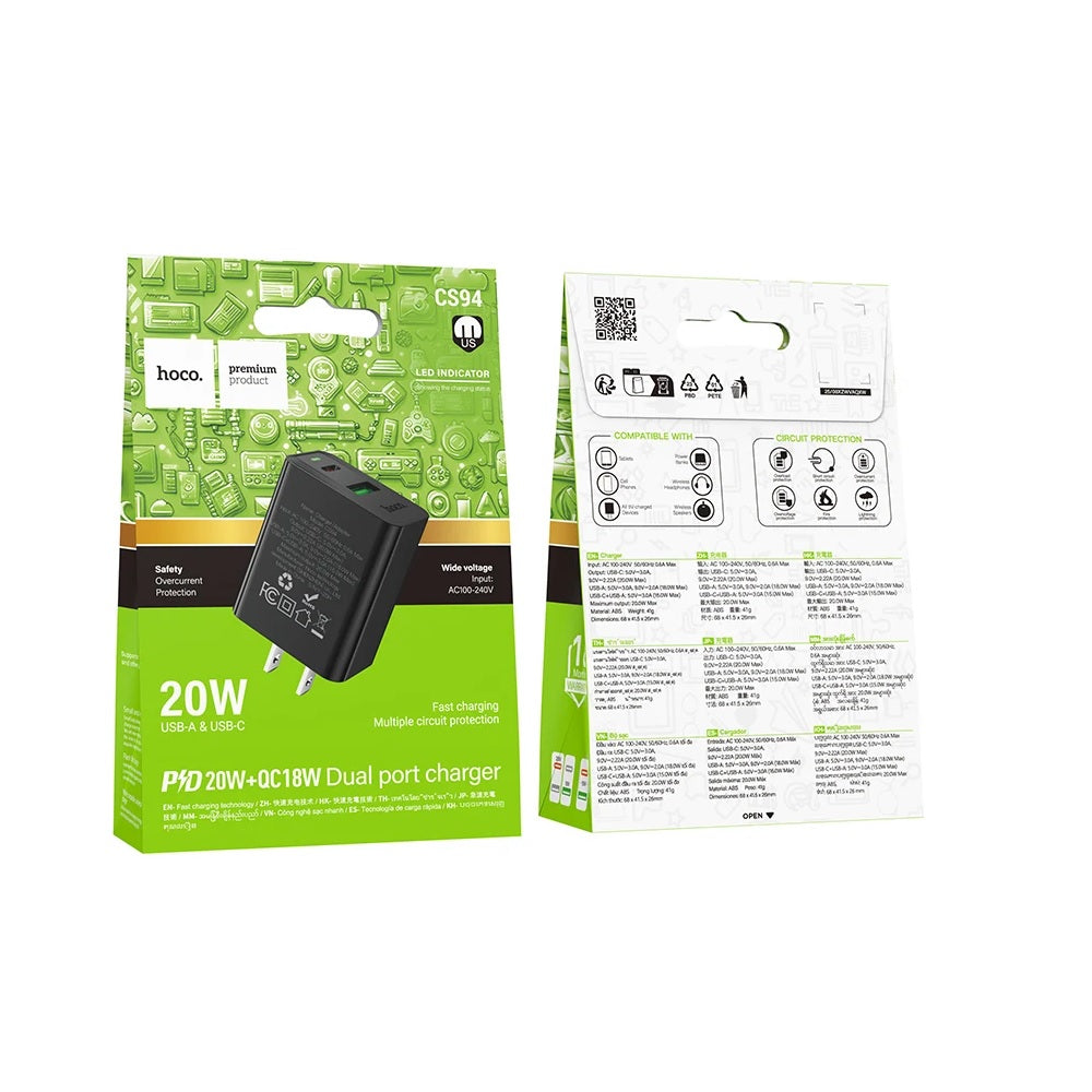 Cargador Pared Hoco CS94 Carga Rapida PD20W QC3.0 Dado Negro