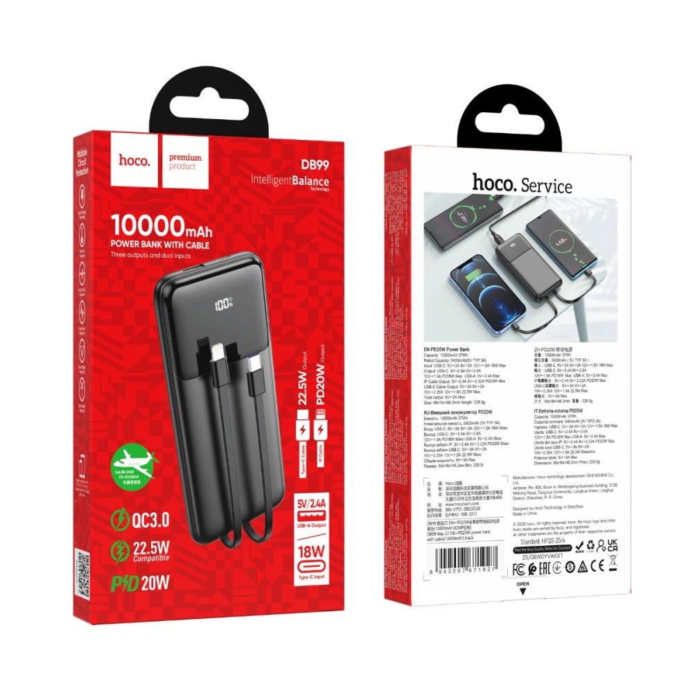 Power Bank 10000mAh Hoco DB99 PD20W 22.5W Negro