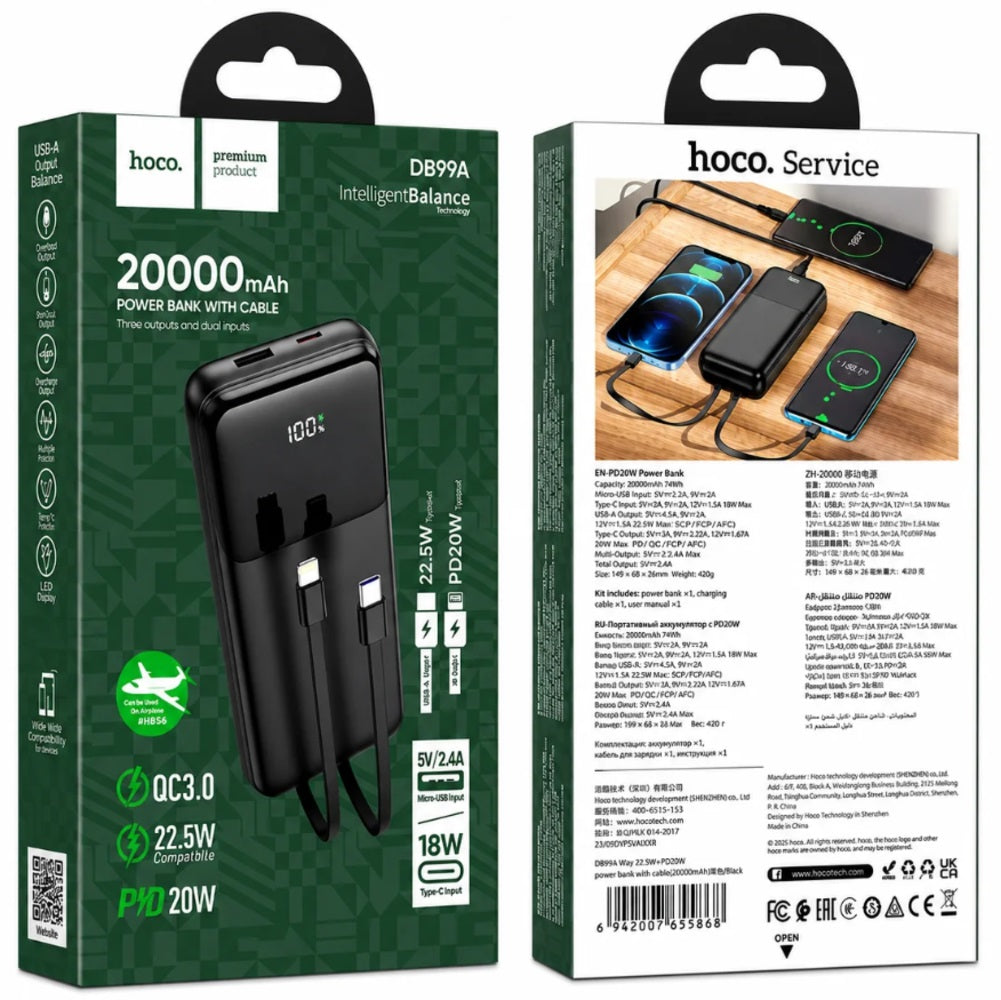 Power Bank 20000mAh Hoco DB99A PD20W 22.5W Negro