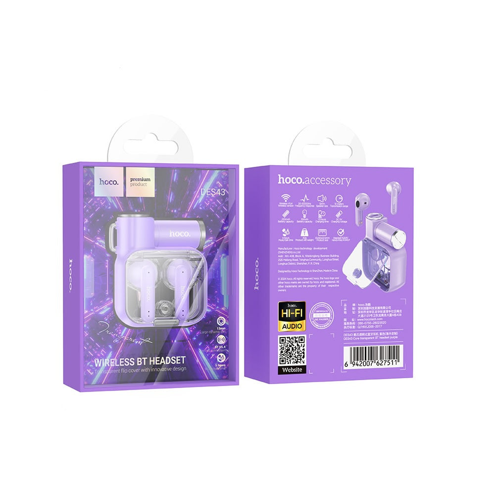 Audífonos Inalambricos Hoco DES43 Bluetooth Transparente Purpula