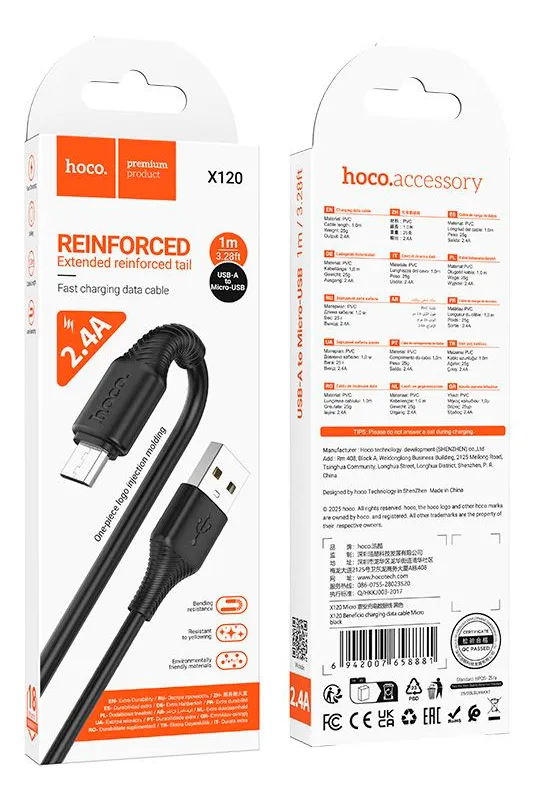 Cable Hoco X120 Beneficio USB a Micro Carga Rápida Negro