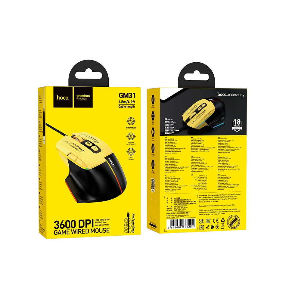 Mouse Gamer Alambrico RGB Optico Hoco GM31 Negro Amarillo