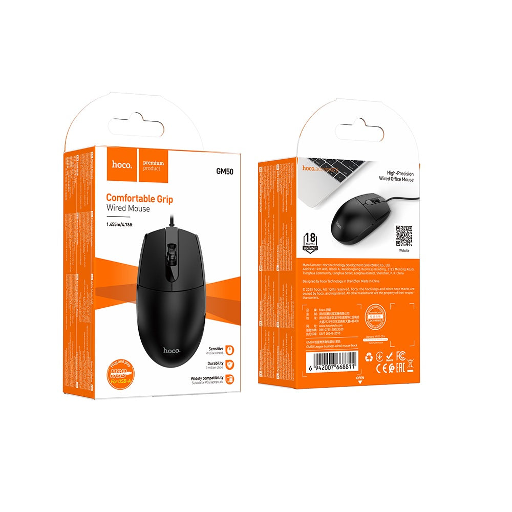 Mouse Alambrico Ergonomico Hoco GM50 Negro
