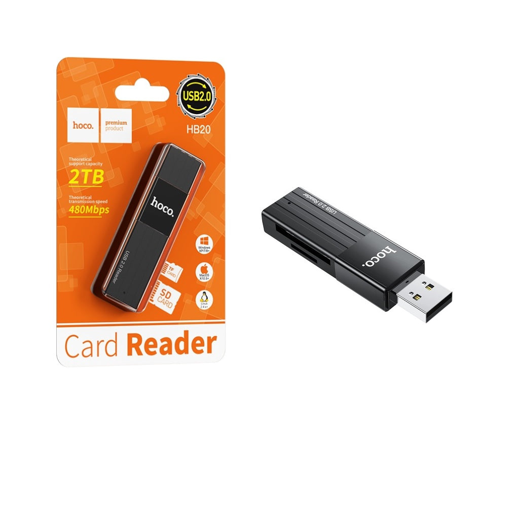 Lector Tarjetas SD TF USB 2.0 Hoco HB20 2en1 Negro
