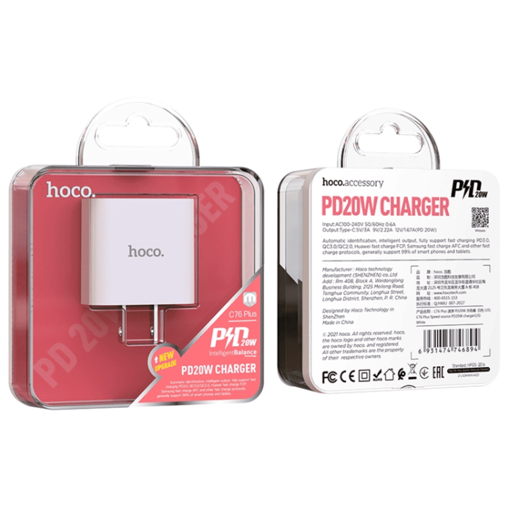 Cargador Hoco C76 Plus Dado Tipo C Carga Rapida 20W Blanco