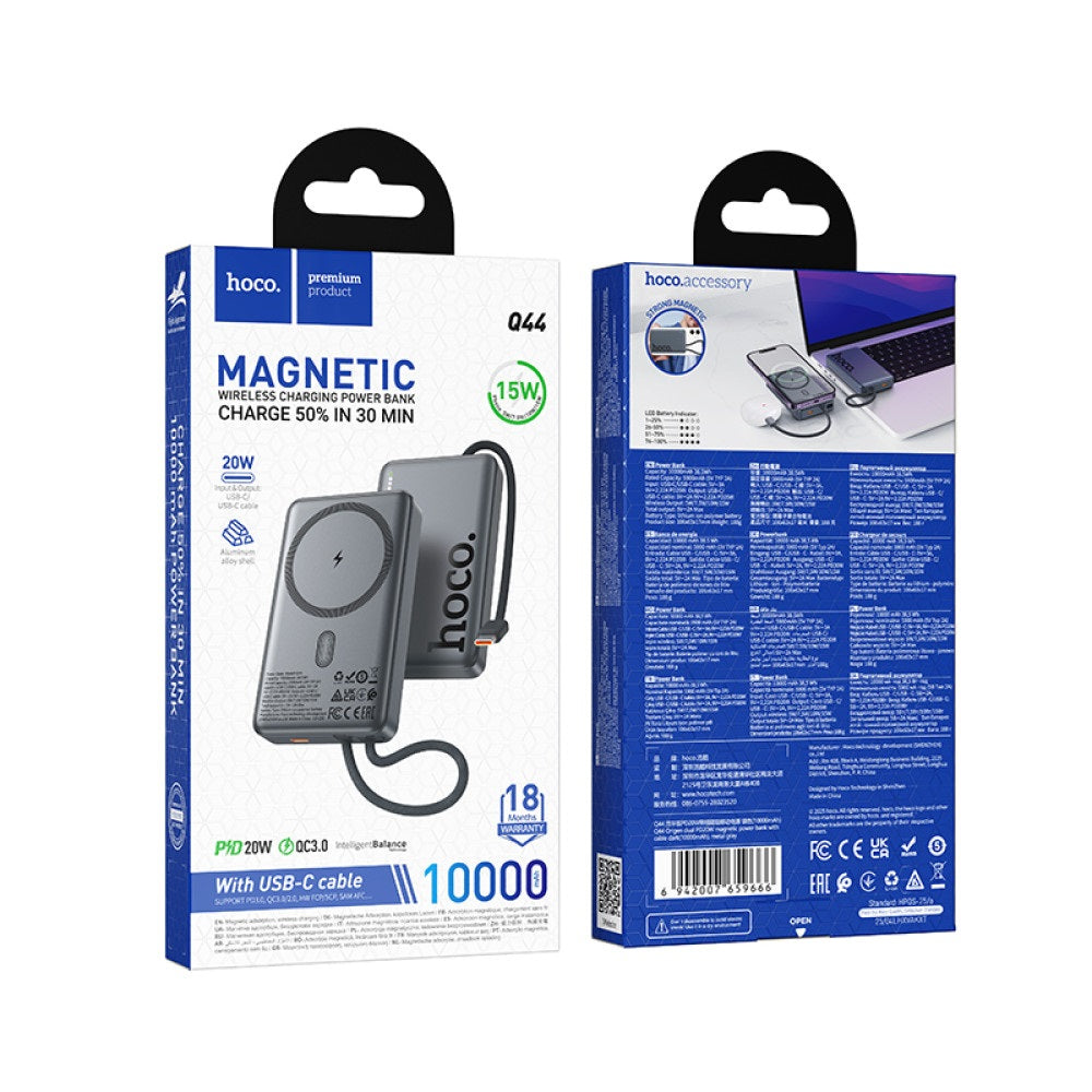 Power Bank Magsafe Cable 10000mAh Hoco Q44 Dual PD20W Gris