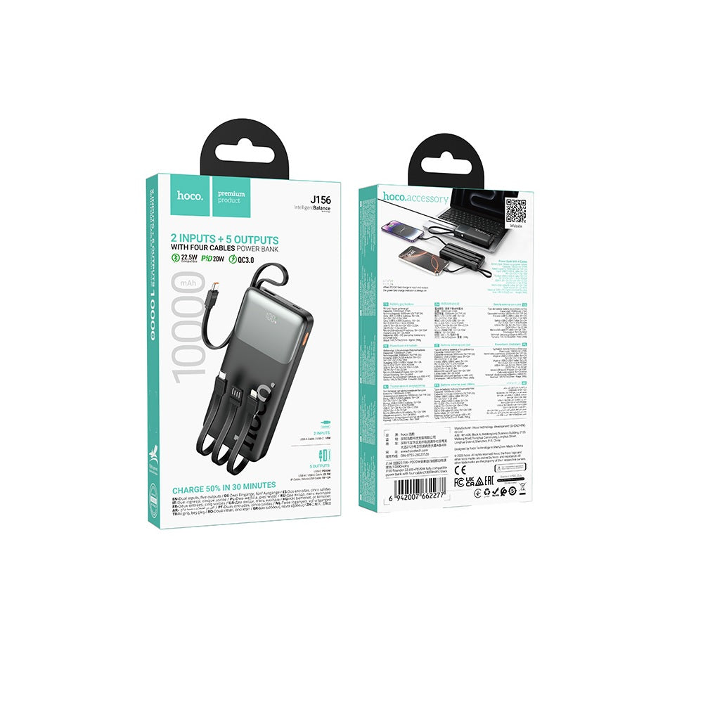 Power Bank 10000mAh Hoco J156 Founder 4 Cables 22.5W Negro
