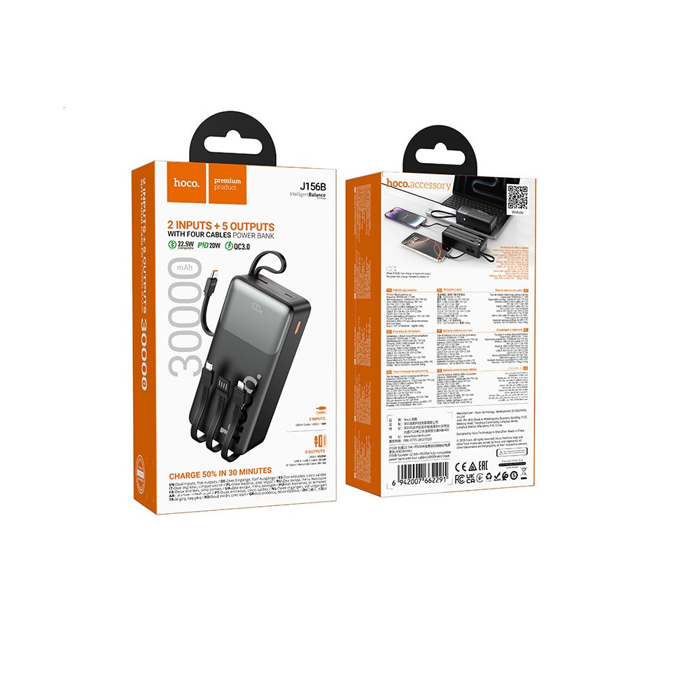 Power Bank 4 Cables 30000mAh Hoco J156B PD20W 22.5W Negro