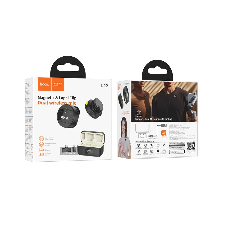 Microfono Dual 2 en 1 Tipo C + IP Inalambrico Hoco L22 Negro