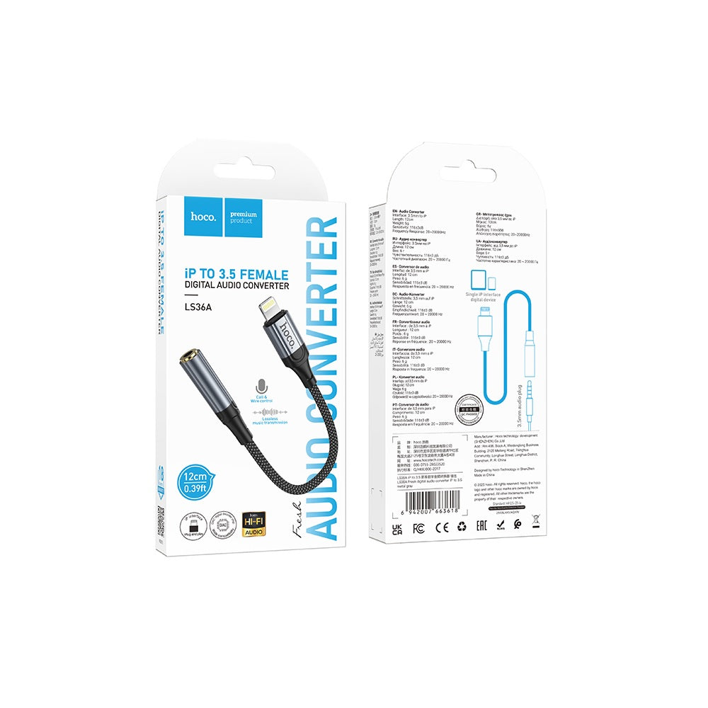 Adaptador Audio Digital Hoco LS36A iP a Jack 3.5mm DAC Gris