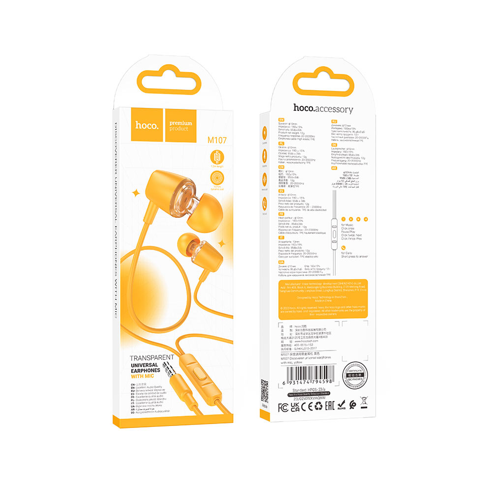 Audífono con Micrófono Hoco M107 Alámbrico Jack 3.5mm Amarillo