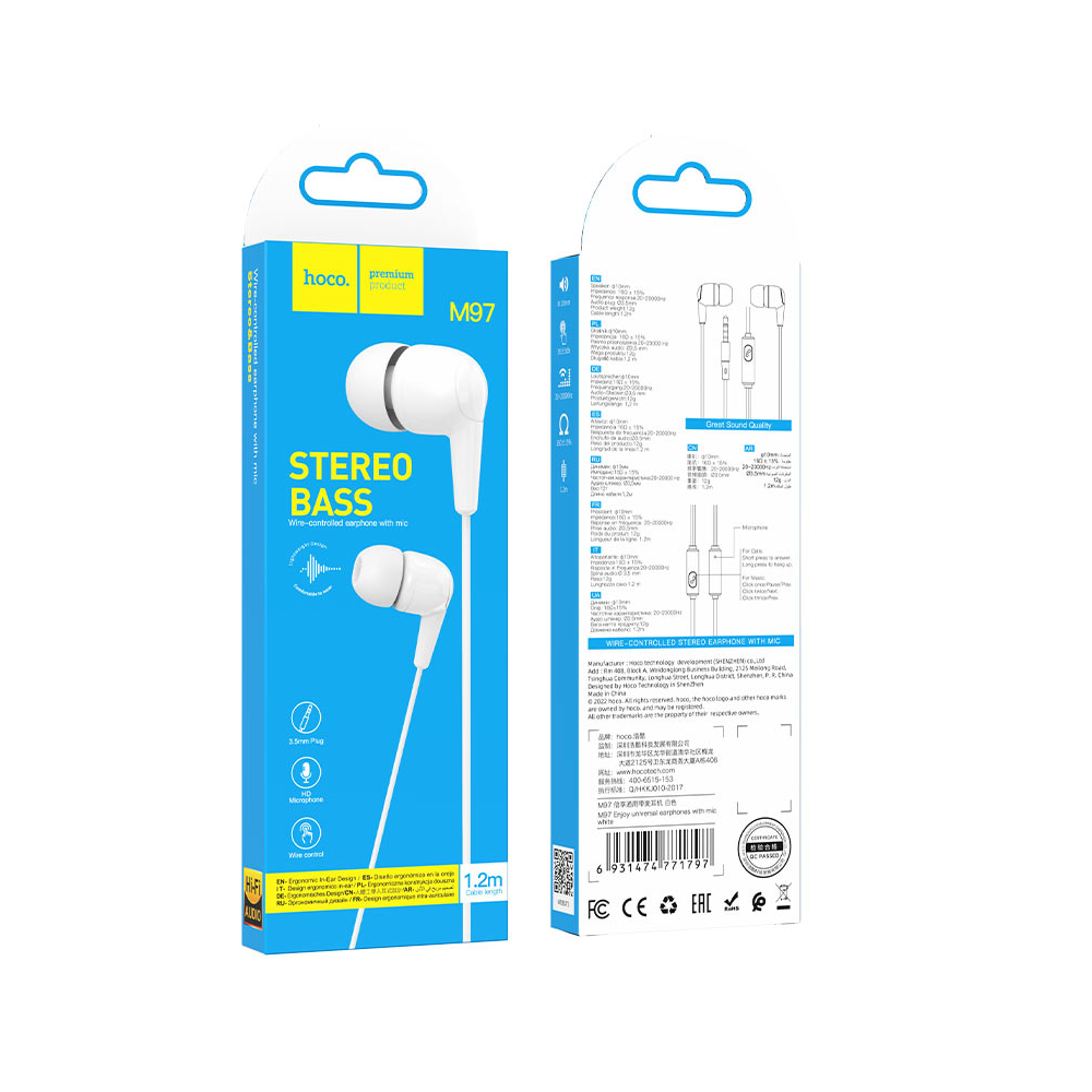 Audífono con Micrófono Hoco M97 Alámbrico Jack 3.5mm Blanco