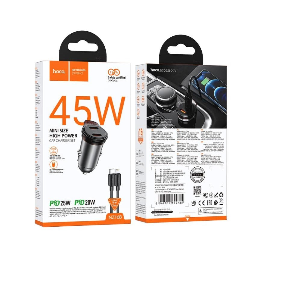 Cargador para auto Hoco NZ16B PD45W Cable Tipo C a iP Gris