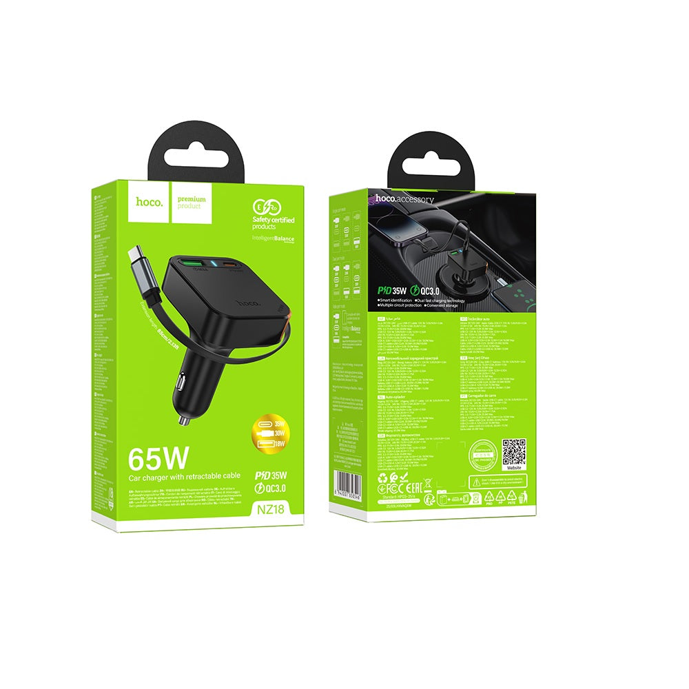 Cargador para auto Hoco NZ18 Cable Retractil PD65W Negro