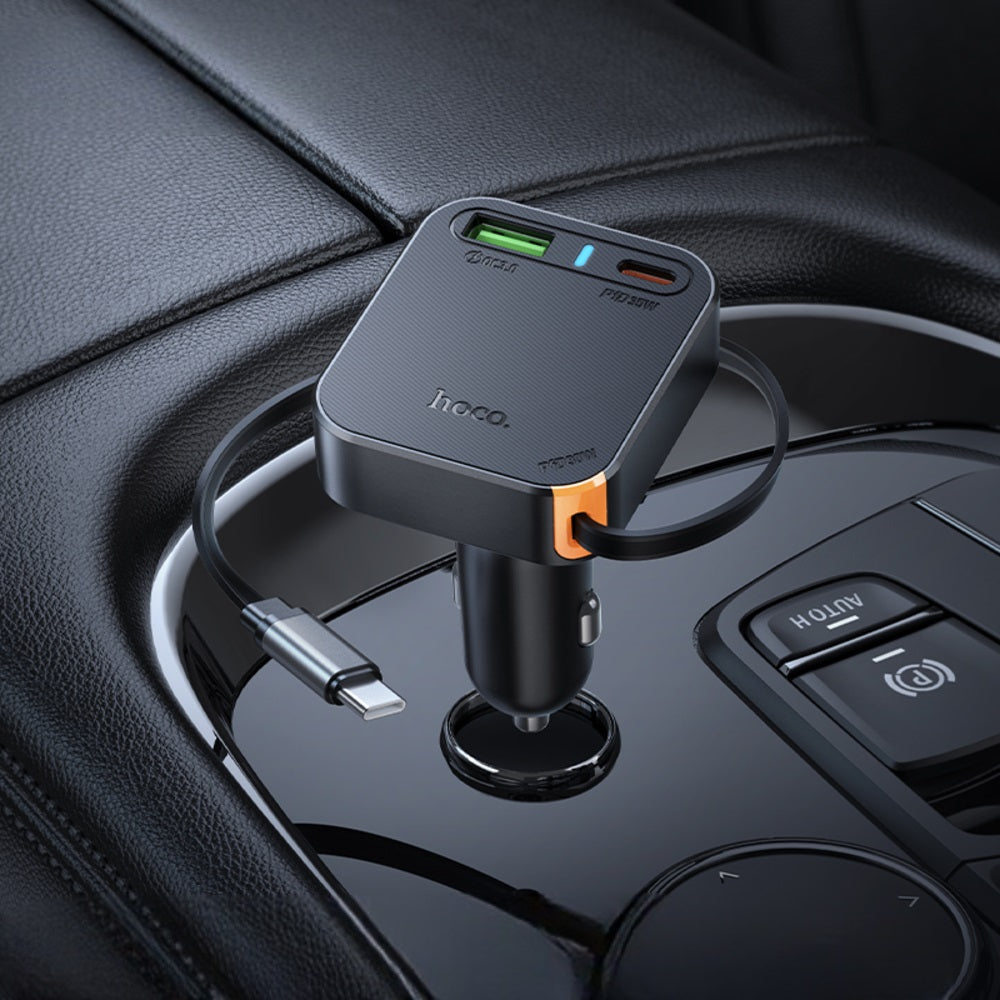 Cargador para auto Hoco NZ18 Cable Retractil PD65W Negro