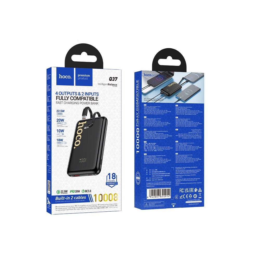 Power Bank 10000mAh Hoco Q37 Graceful 2 Cables 22.5WNegro