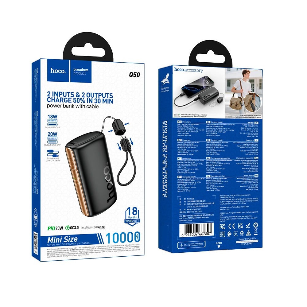 Power Bank 10000mAh Hoco Q50 Victory Con Cable PD20W Negro