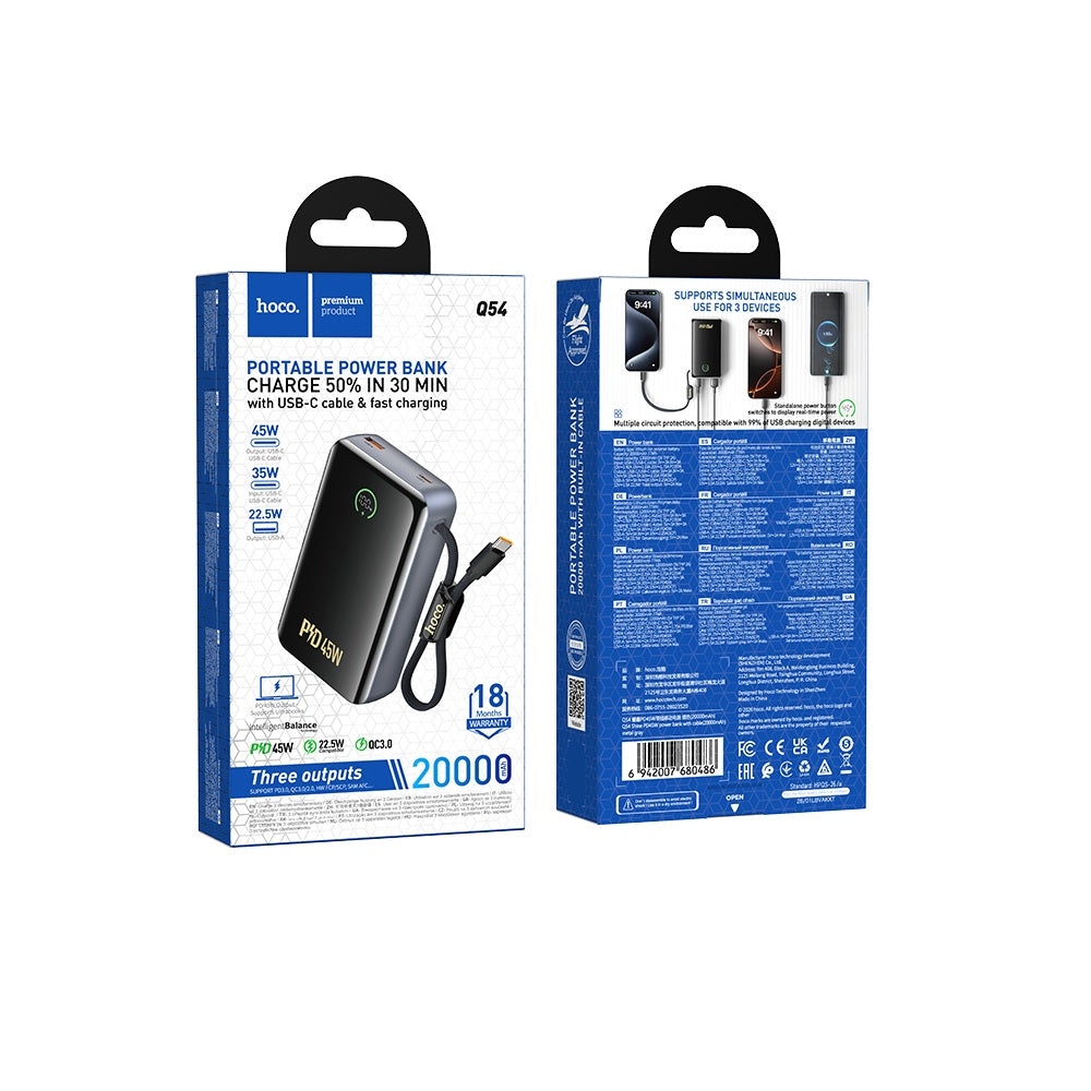 Power Bank con Cable 20000mAh Hoco Q54 PD45W Metal Gris