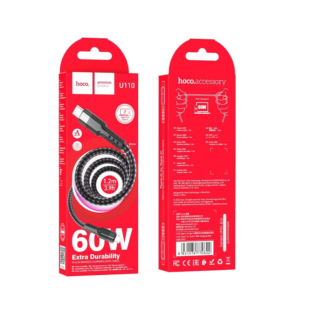 Cable Hoco U110 Tipo-C a Tipo-C 60W Carga Rápida Negro