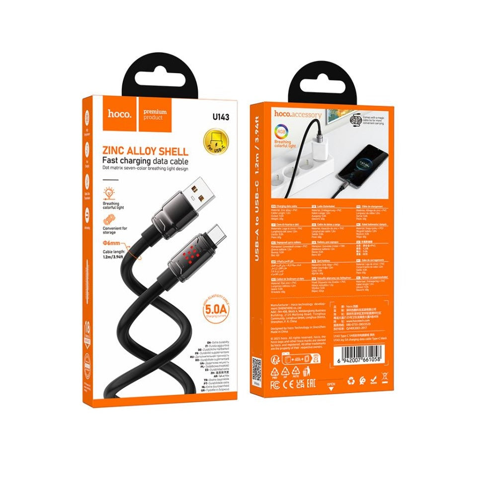 Cable Hoco U143 Joy USB a Tipo-C 5A Carga Rápida Negro