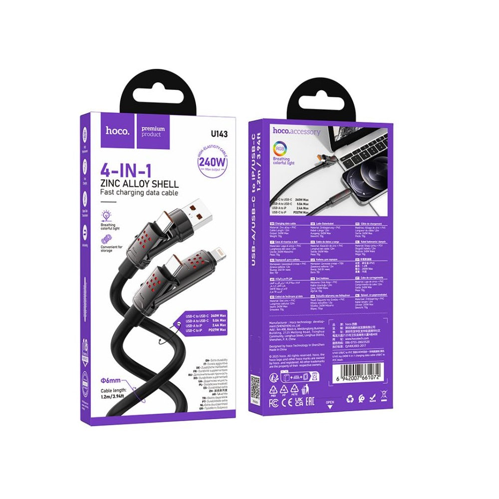 Cable Hoco U143 Joy 4 en 1 USB/C a iP y Tipo-C 240W Negro