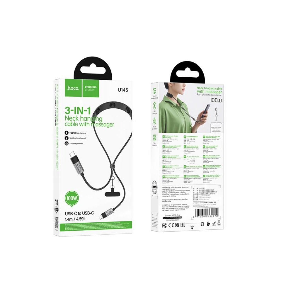 Cable Hoco U145 Tipo-C a Tipo-C 100W Cuello Con Masajeador Negro