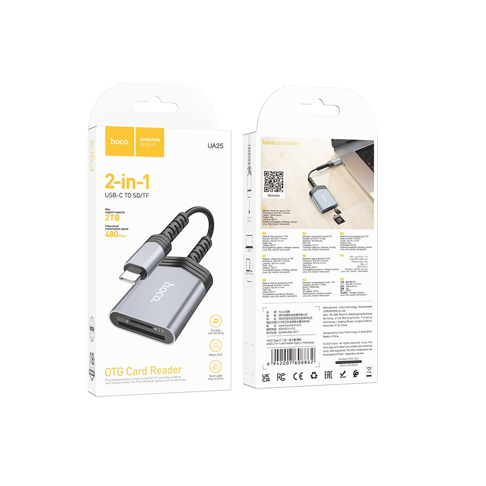 Lector de Tarjetas SD TF Tipo C OTG Hoco UA25 2en1 Gris
