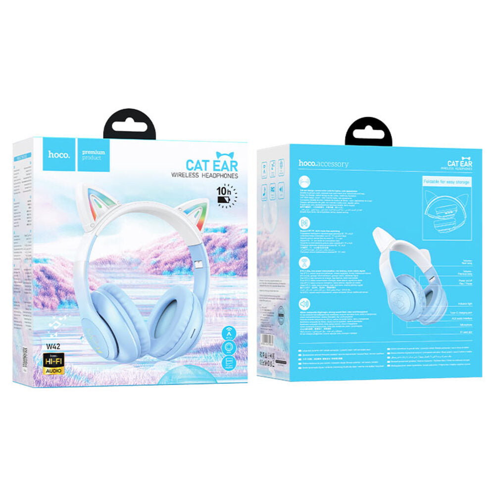 Audifonos Bluetooth Hoco W42 Orejas Gato Diadema Con Luces Celeste