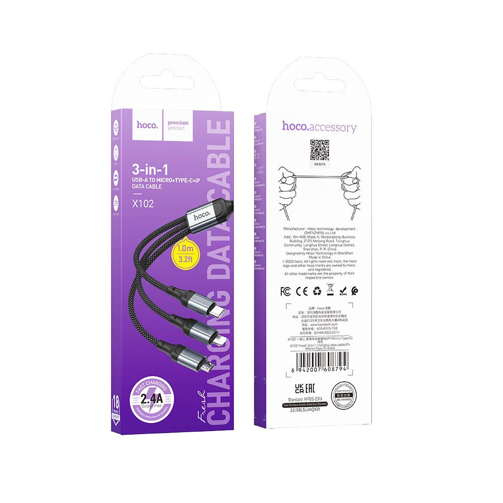 Cable Hoco X102 Fresh 3 en 1 USB a iP/Micro/Tipo-C Negro