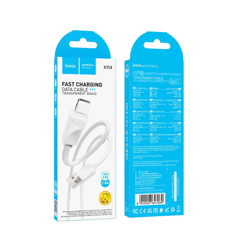 Cable Hoco X114 Energy USB a iP Carga Rápida Blanco