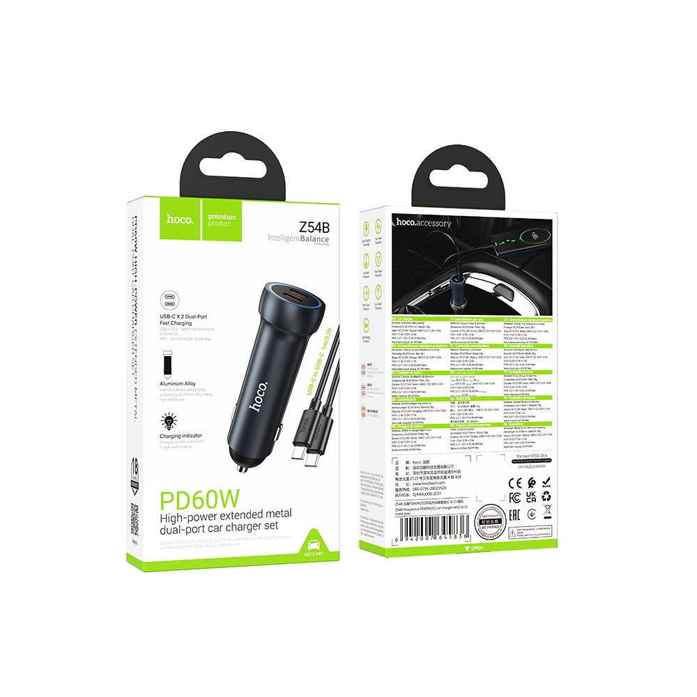 Cargador para auto Hoco Z54B PD60W Cable Tipo C a C Gris