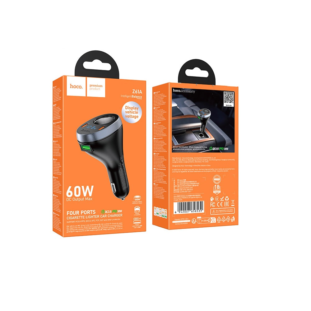 Cargador para auto Hoco Z61A PD60W Tres Puertos Negro