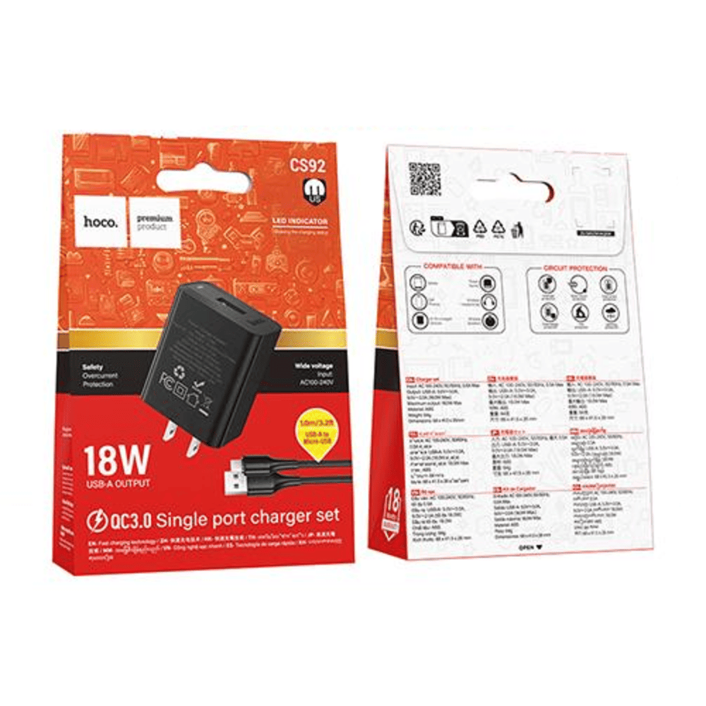 Cargador Cable Hoco CS92 Micro USB QC3.0 18W Negro