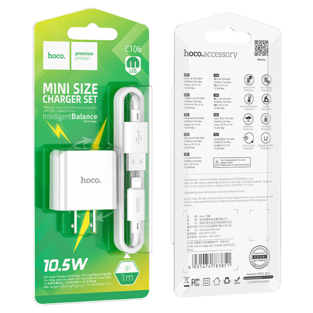 Cargador Hoco C106 Leisure Cable iP 10.5W Blanco