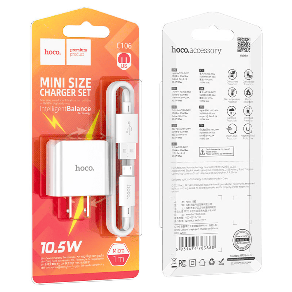 Cargador Hoco C106 Leisure Cable Micro USB V8 10.5W Blanco