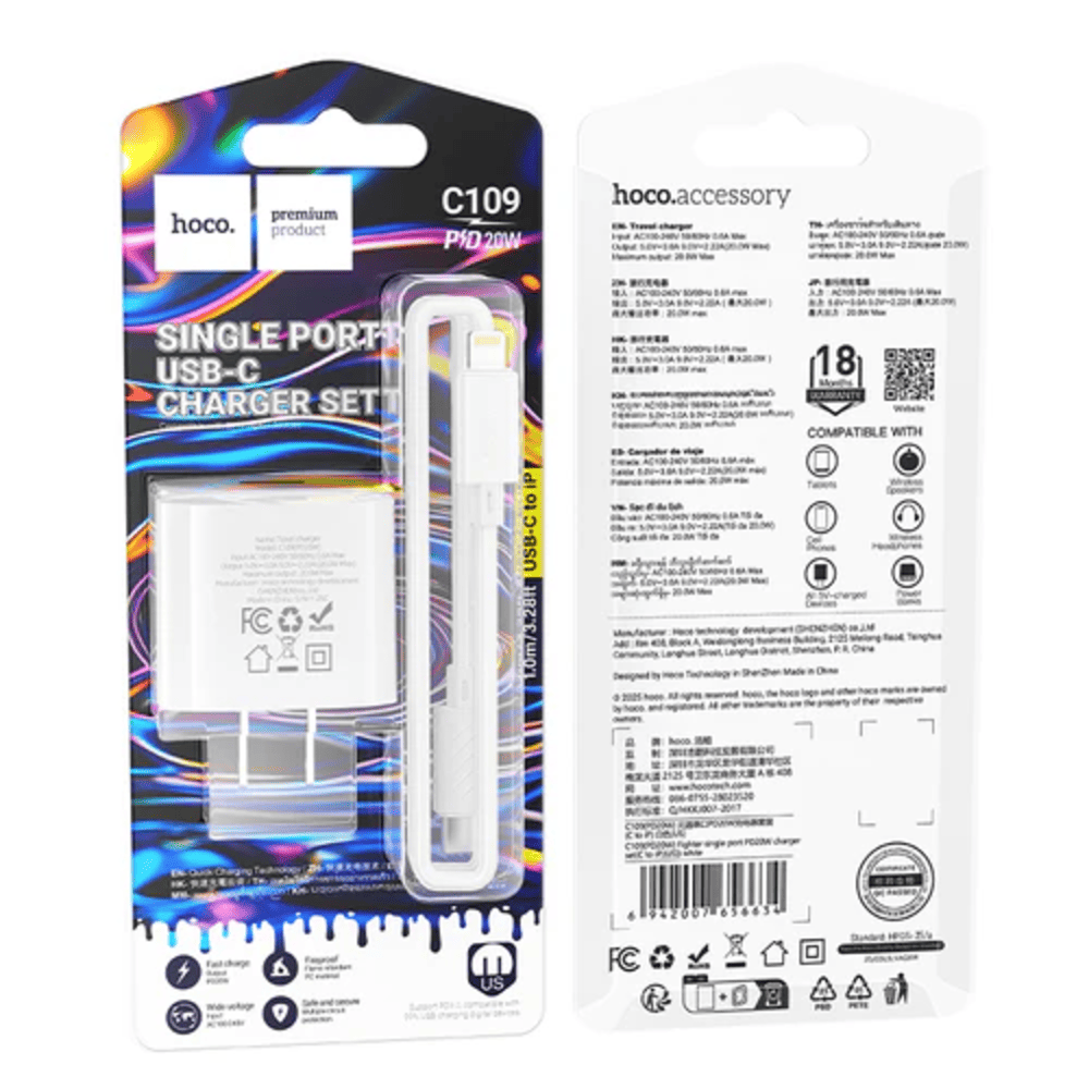 Cargador Hoco C109 PD20W Cable Tipo C a iP Blanco