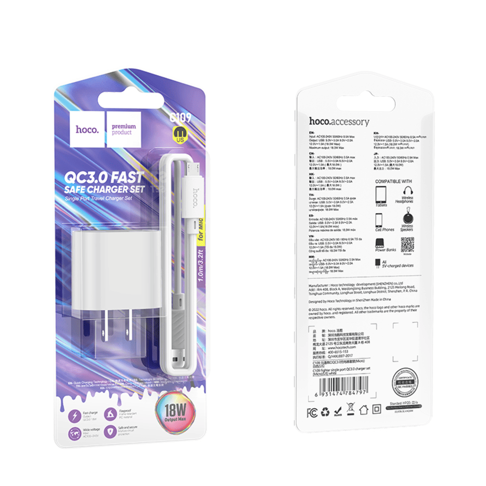 Cargador Hoco C109 Fighter QC3.0 Cable Micro USB V8 Blanco