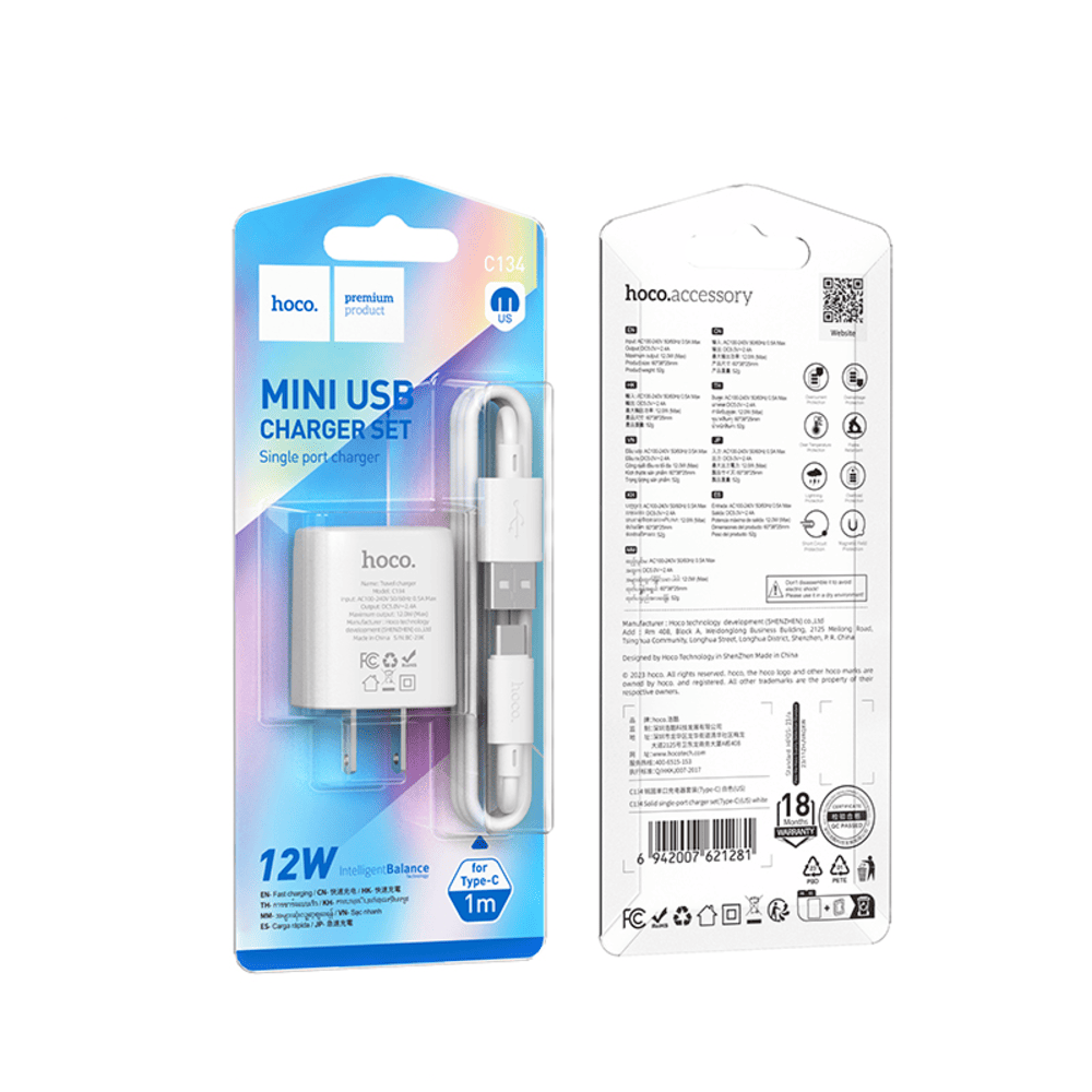 Cargador Hoco C134 Solid Cable USB Tipo C 12W Blanco