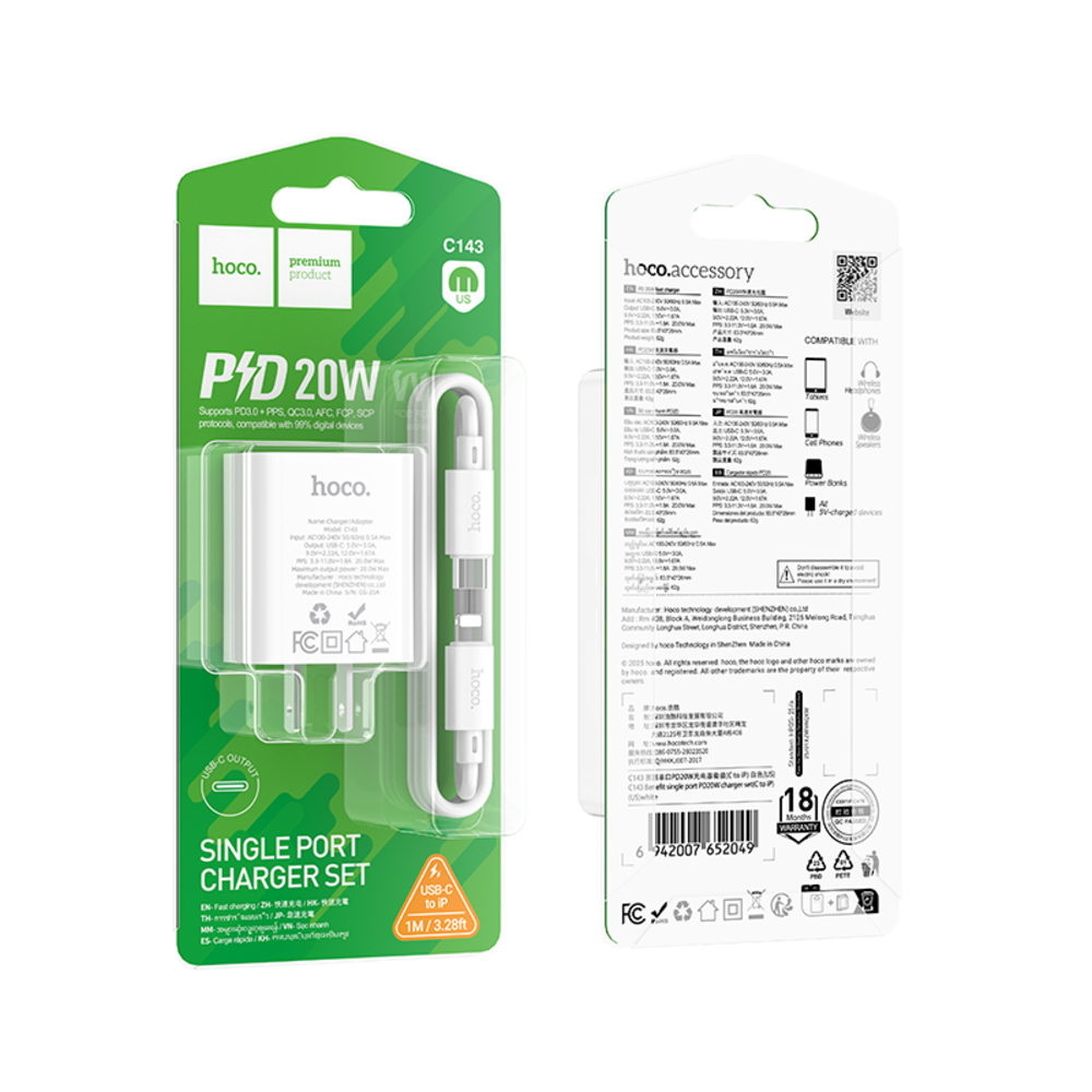 Cargador Hoco C143 PD20W Cable Tipo C a iP Blanco