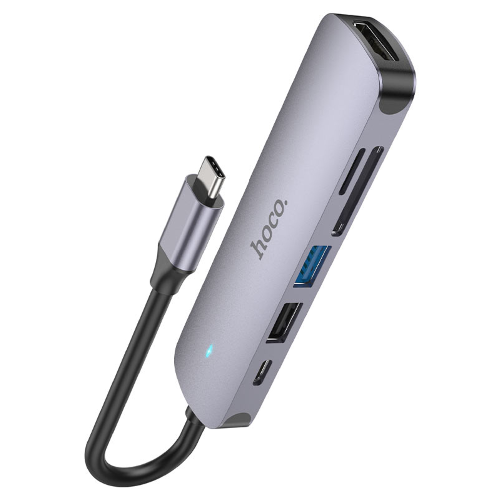 Hub AdaptadorHoco HB28 Tipo-C a HDMI USB SD TF PD Multi Gris