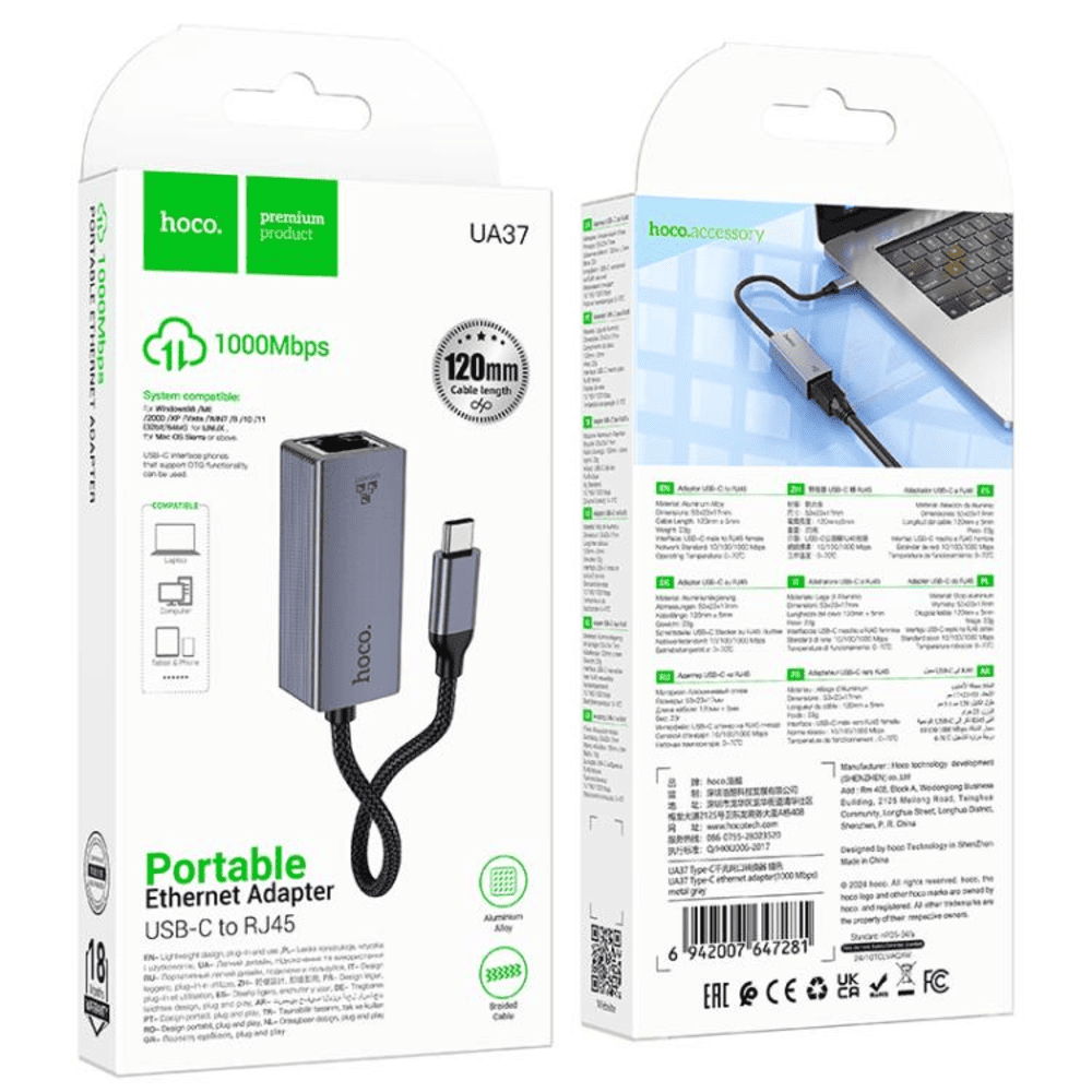 Adaptador Hoco UA37 Tipo-C Ethernet Gigabit 1000Mbps Metal Gris