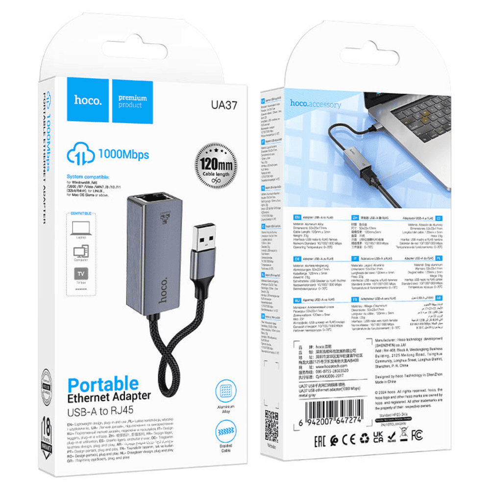 Adaptador Hoco UA37 USB a Ethernet Gigabit 1000Mbps Metal Gris
