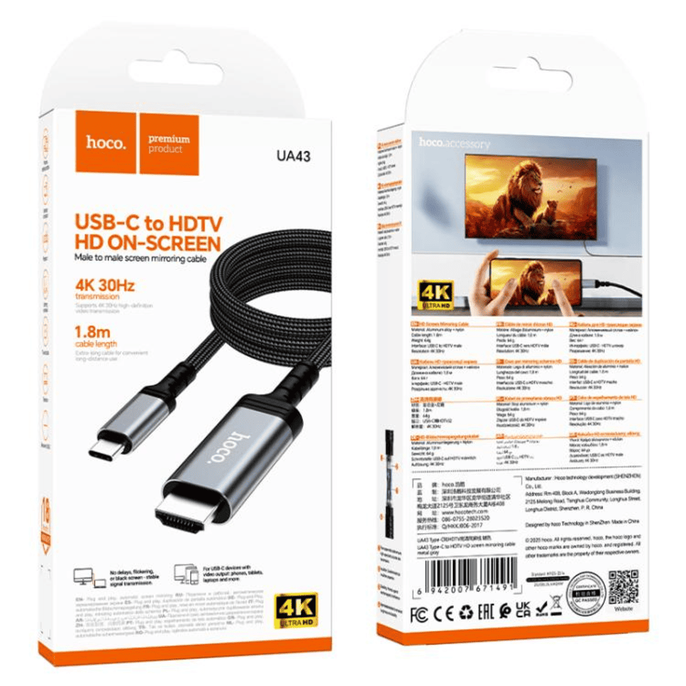 Cable Hoco UA43 Tipo-C a HDMI Espejo Video Screen Metal Gris